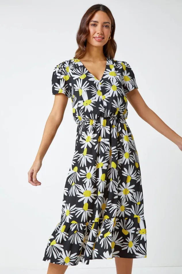 Women Yellow Daisy Print Blouson Midi Dress Roman Dresses