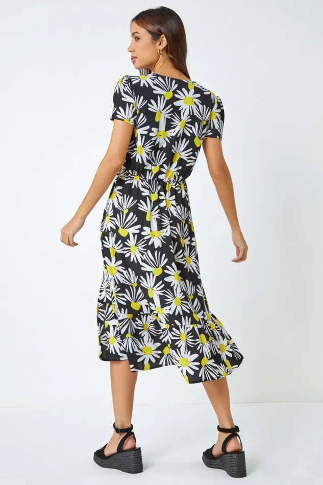 Women Yellow Daisy Print Blouson Midi Dress Roman Dresses