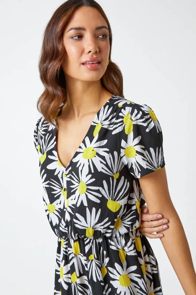 Women Yellow Daisy Print Blouson Midi Dress Roman Dresses