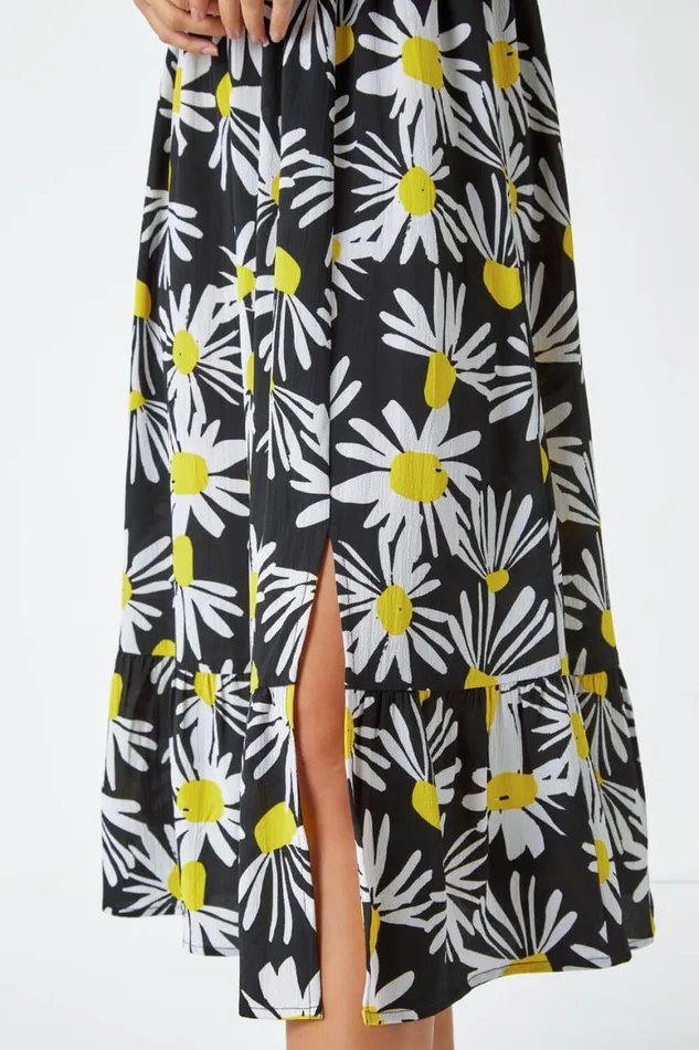 Women Yellow Daisy Print Blouson Midi Dress Roman Dresses