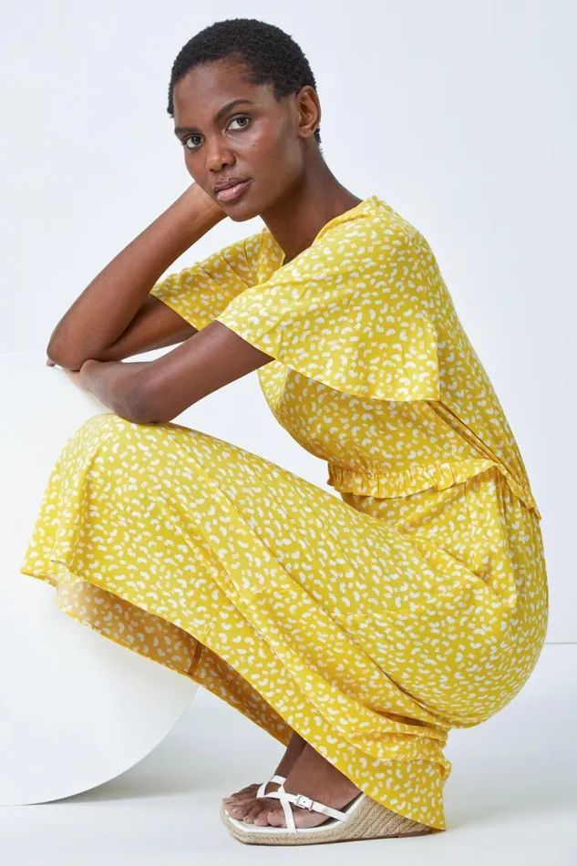 Women Yellow Ditsy Print Frill Waist Midi Dress Roman Dresses