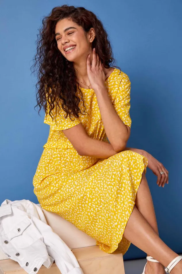 Women Yellow Ditsy Print Frill Waist Midi Dress Roman Dresses