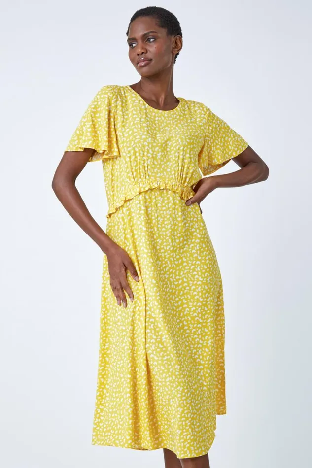Women Yellow Ditsy Print Frill Waist Midi Dress Roman Dresses