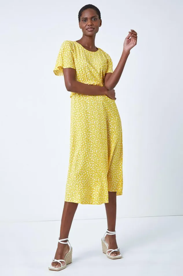 Women Yellow Ditsy Print Frill Waist Midi Dress Roman Dresses