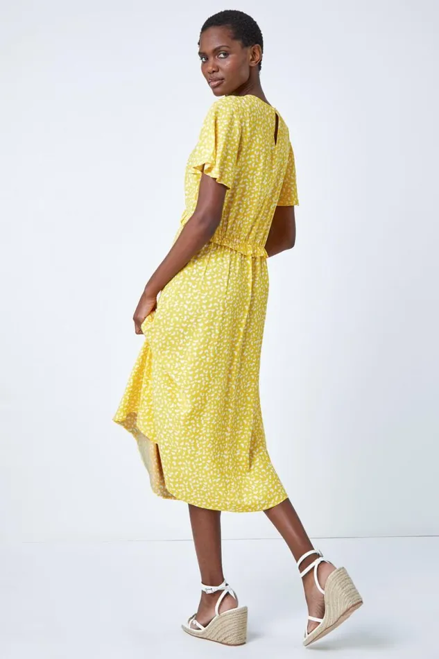 Women Yellow Ditsy Print Frill Waist Midi Dress Roman Dresses