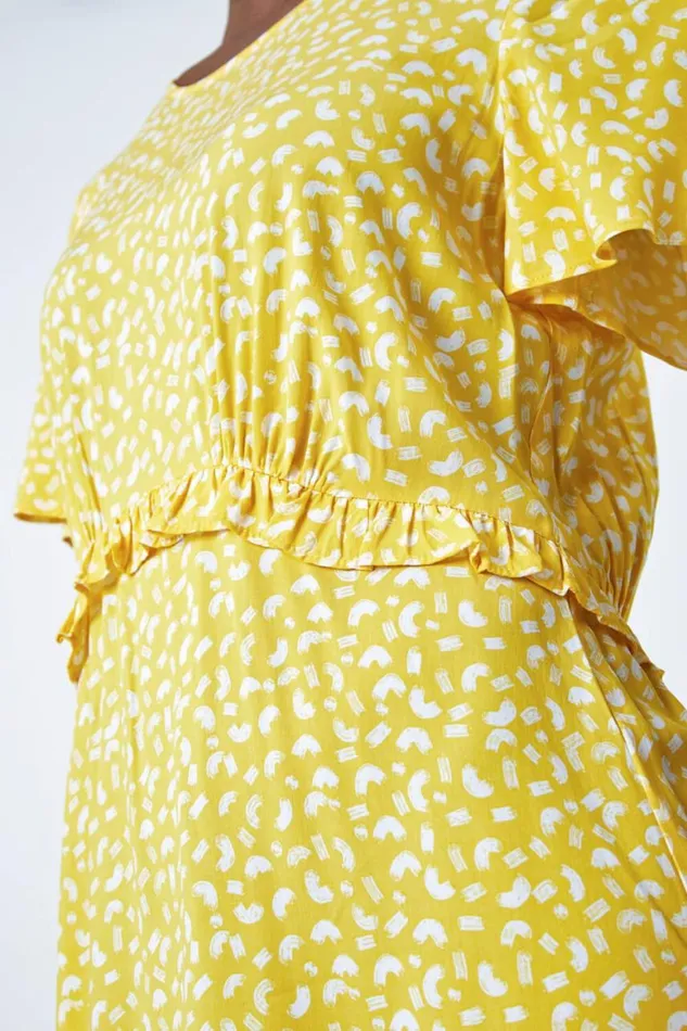 Women Yellow Ditsy Print Frill Waist Midi Dress Roman Dresses