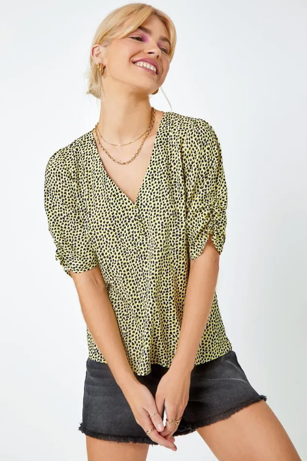 Women Yellow Ditsy Spot Button Detail Top Roman Tops