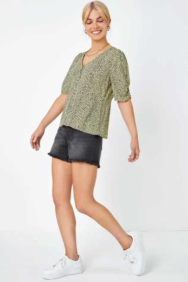 Women Yellow Ditsy Spot Button Detail Top Roman Tops