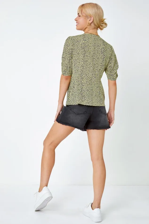 Women Yellow Ditsy Spot Button Detail Top Roman Tops