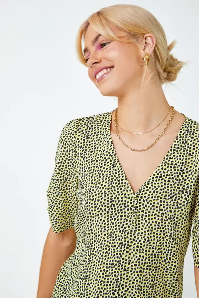 Women Yellow Ditsy Spot Button Detail Top Roman Tops