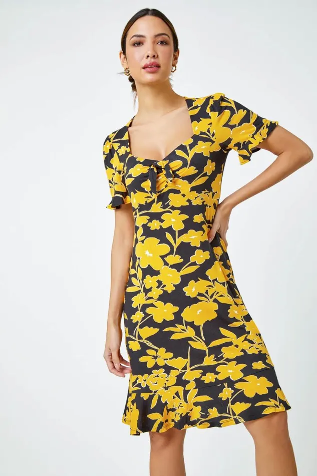 Women Yellow Floral Frill Hem Stretch Dress Roman Dresses