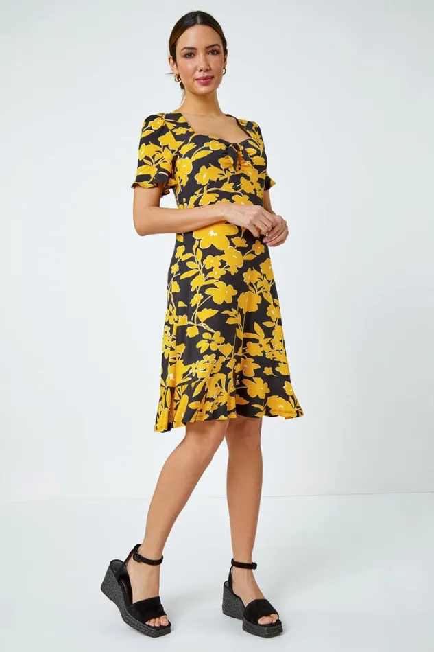 Women Yellow Floral Frill Hem Stretch Dress Roman Dresses