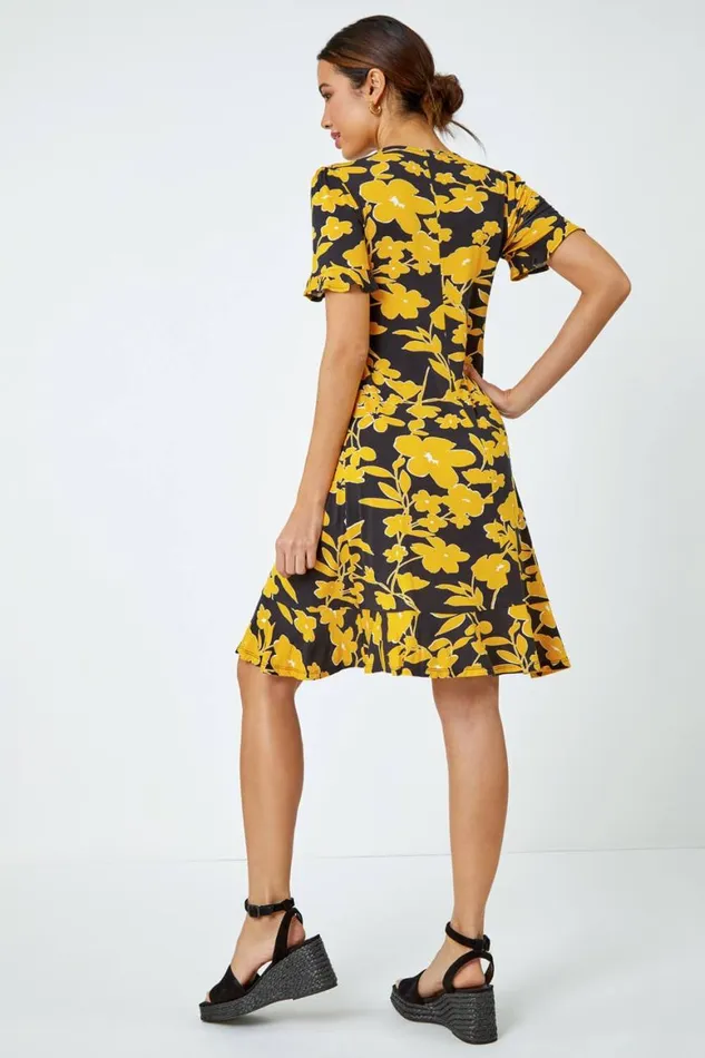 Women Yellow Floral Frill Hem Stretch Dress Roman Dresses