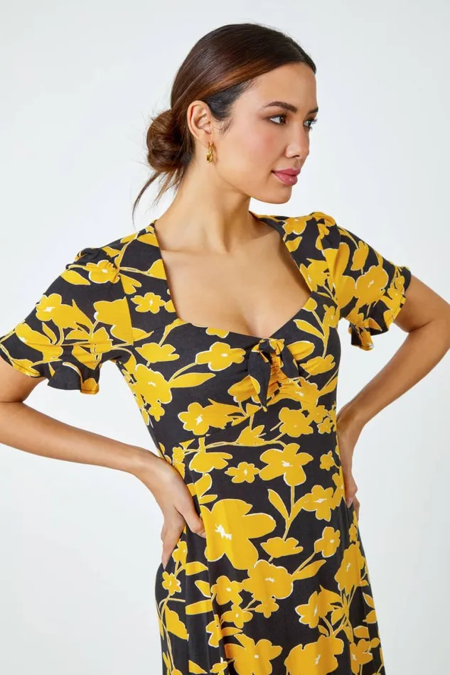 Women Yellow Floral Frill Hem Stretch Dress Roman Dresses