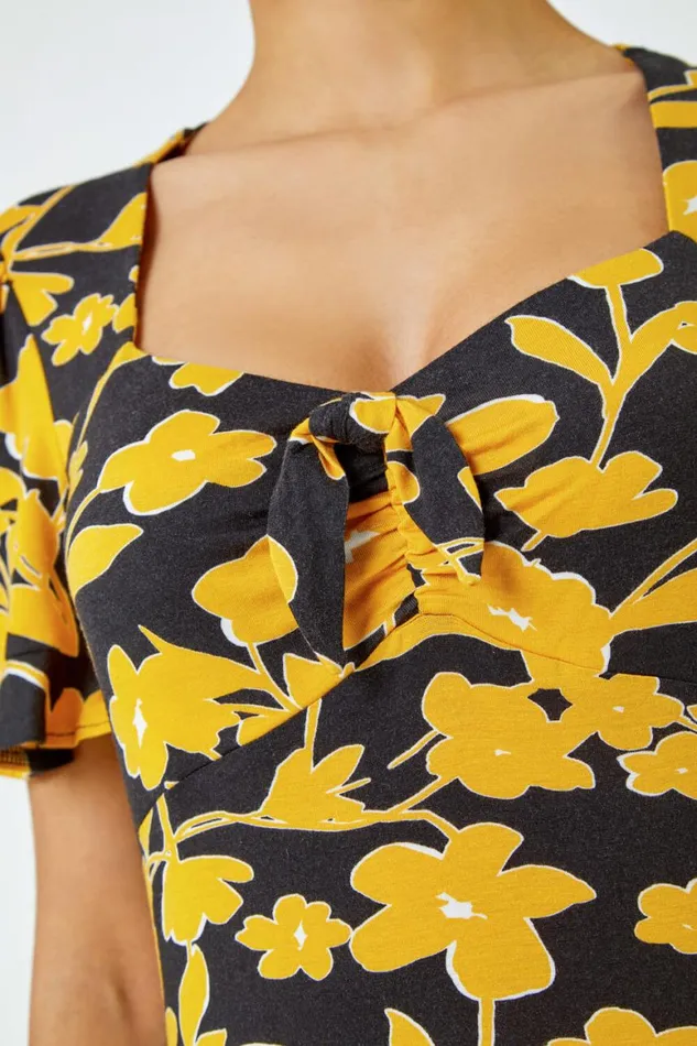 Women Yellow Floral Frill Hem Stretch Dress Roman Dresses