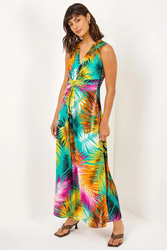 Women Yellow Floral Jersey Stretch Twist Ruched Maxi Dress Roman Dresses
