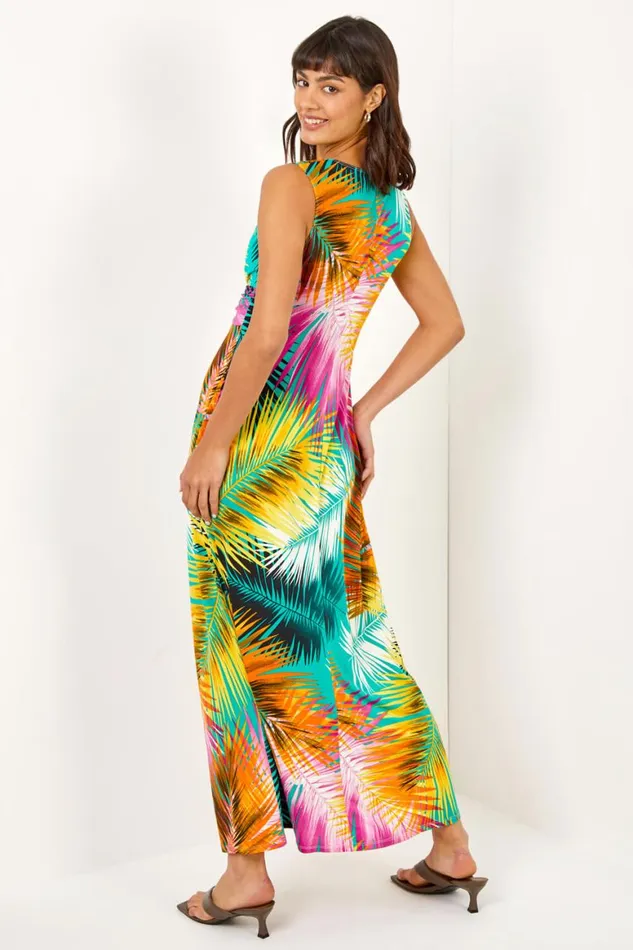 Women Yellow Floral Jersey Stretch Twist Ruched Maxi Dress Roman Dresses