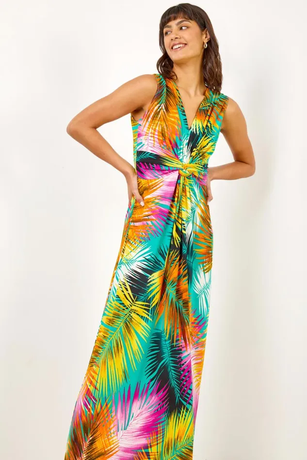Women Yellow Floral Jersey Stretch Twist Ruched Maxi Dress Roman Dresses