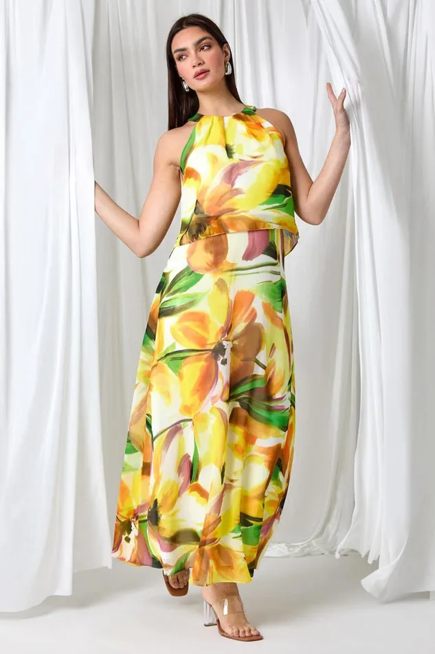 Women Yellow Floral Print Chiffon Overlay Maxi Dress Roman Dresses