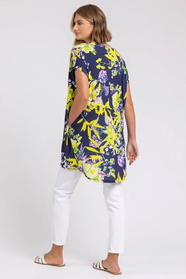 Women Yellow Floral Print Pocket Tunic Top Roman Tops