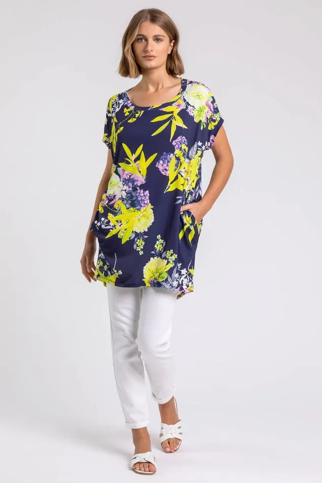 Women Yellow Floral Print Pocket Tunic Top Roman Tops