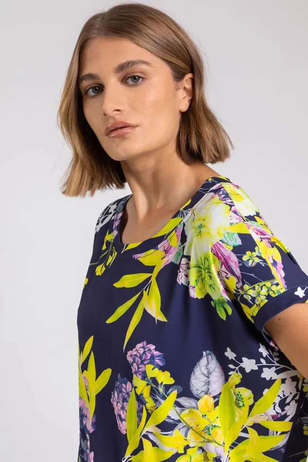Women Yellow Floral Print Pocket Tunic Top Roman Tops