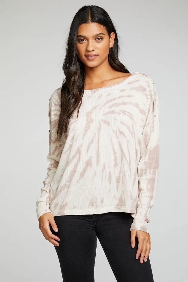 Womens Chaser Brand Heritage Waffle Long Sleeve Snap Drop Shoulder Tee Tops