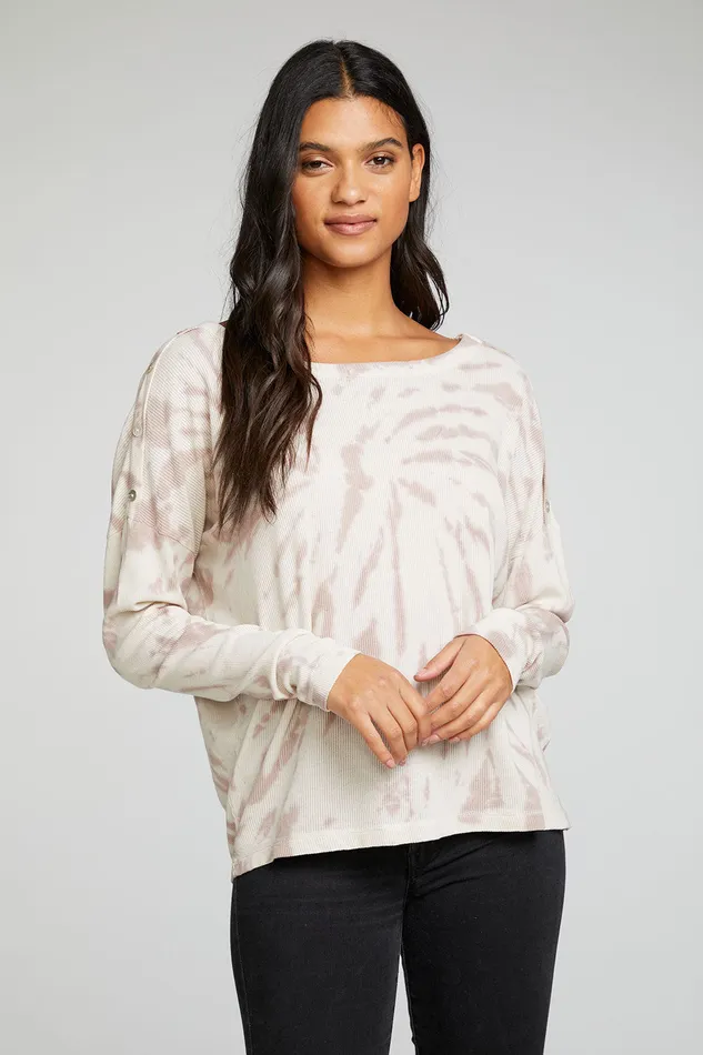 Womens Chaser Brand Heritage Waffle Long Sleeve Snap Drop Shoulder Tee Tops