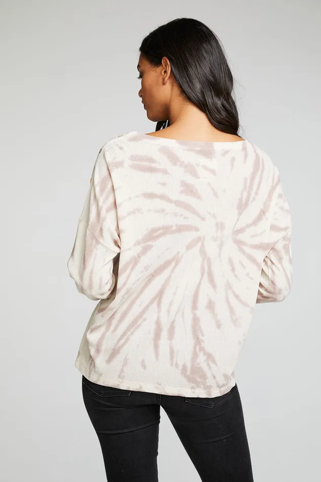Womens Chaser Brand Heritage Waffle Long Sleeve Snap Drop Shoulder Tee Tops