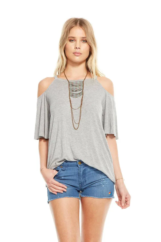 Womens COOL JERSEY COLD SHOULDER FLOUNCE SLEEVE RAGLAN TOP Loungewear Chaser Brand