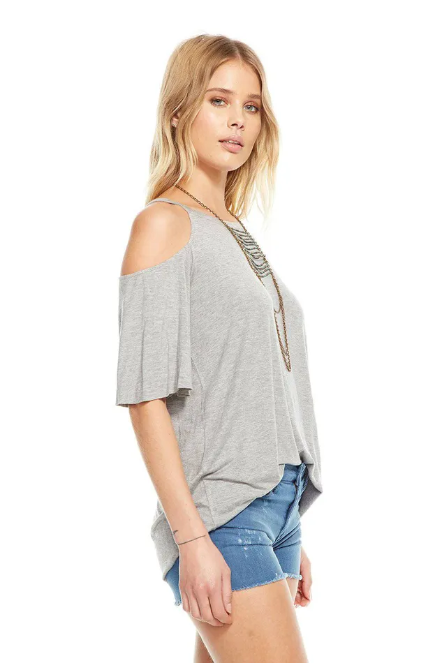Womens COOL JERSEY COLD SHOULDER FLOUNCE SLEEVE RAGLAN TOP Loungewear Chaser Brand