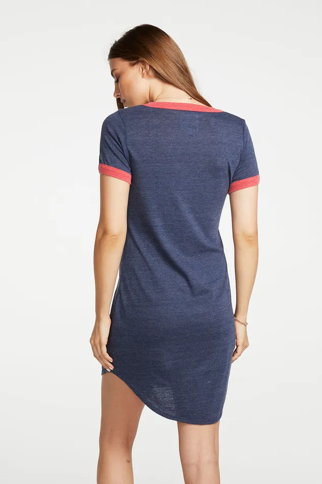 Womens Recycled Blocked Jersey Short Sleeve Hi Lo Shirttail Mini Ringer Dress Loungewear Chaser Brand