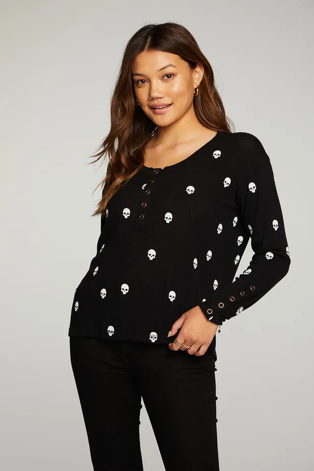 Womens Tops Chaser Brand Heritage Waffle Long Sleeve Scoop Neck Henley With Snaps
