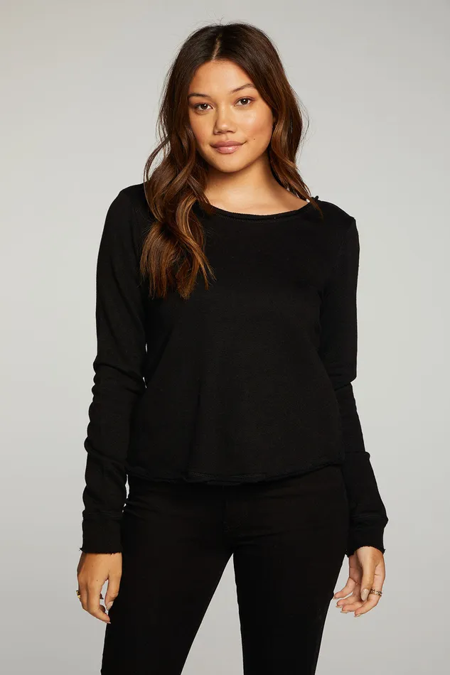 Womens Tops Chaser Brand Linen French Terry Long Sleeve Cross Back Pullover