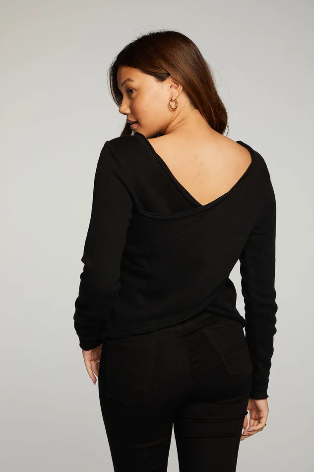 Womens Tops Chaser Brand Linen French Terry Long Sleeve Cross Back Pullover
