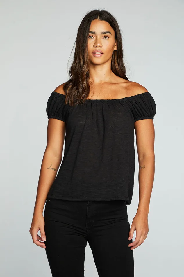 Womens Tops Chaser Brand Slub Jersey Shirred Squared Neck Cap Sleeve Top