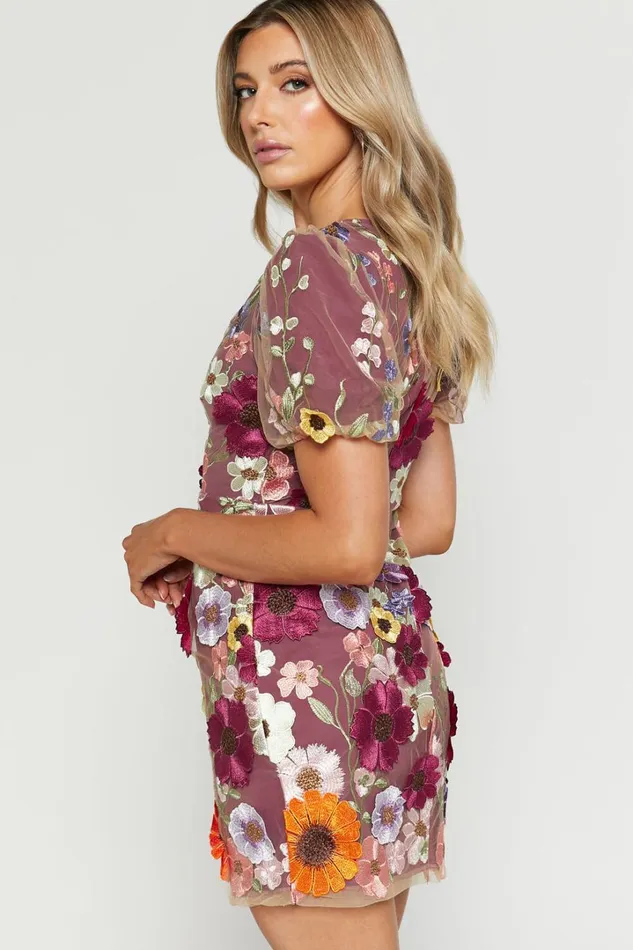 Wren Mini Dress 8211 Puff Sleeve Bodycon 3d Garden Flowers Dress In Burgundy Women Showpo Dresses