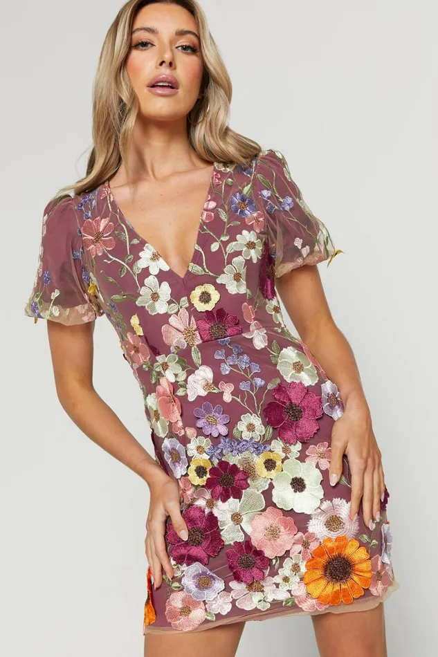 Wren Mini Dress 8211 Puff Sleeve Bodycon 3d Garden Flowers Dress In Burgundy Women Showpo Dresses