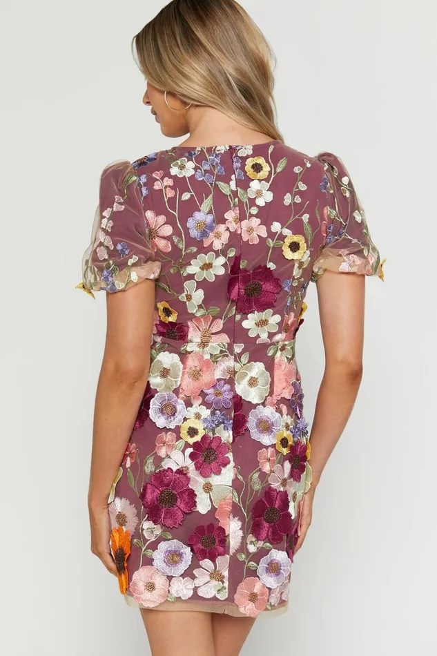 Wren Mini Dress 8211 Puff Sleeve Bodycon 3d Garden Flowers Dress In Burgundy Women Showpo Dresses