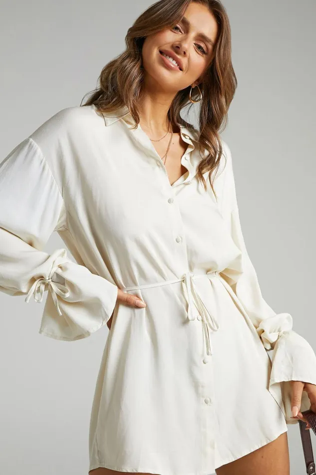 Wynter Mini Dress 8211 Waist Tie Shirt Dress In Off White Women Showpo Dresses