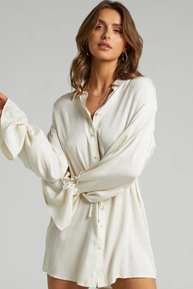 Wynter Mini Dress 8211 Waist Tie Shirt Dress In Off White Women Showpo Dresses