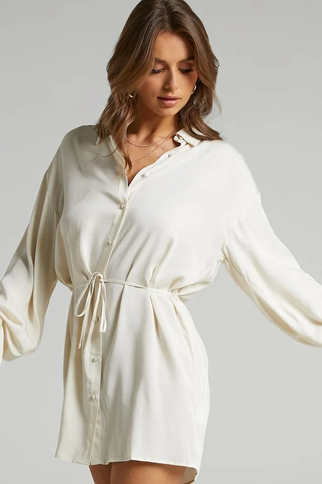 Wynter Mini Dress 8211 Waist Tie Shirt Dress In Off White Women Showpo Dresses