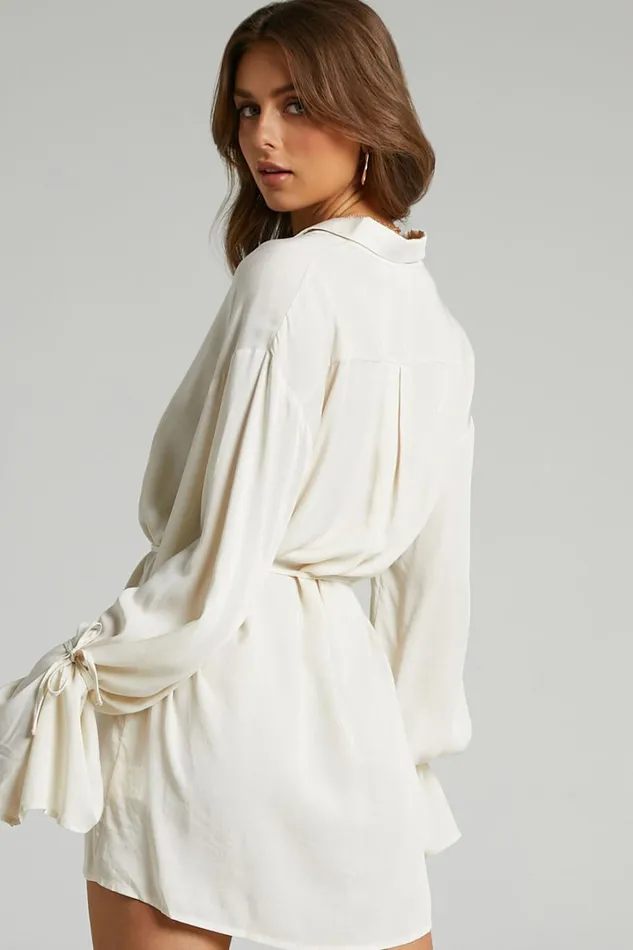 Wynter Mini Dress 8211 Waist Tie Shirt Dress In Off White Women Showpo Dresses