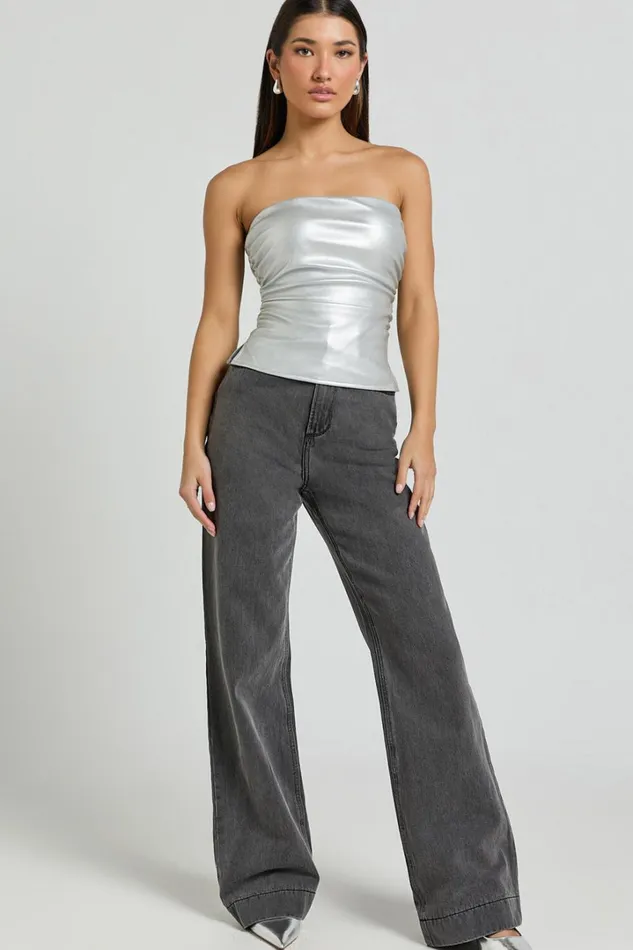 Yvonne Top 8211 Strapless Ruched Top In Silver Women Showpo Tops
