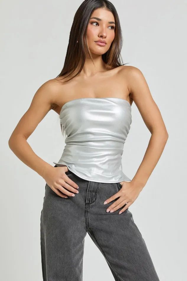 Yvonne Top 8211 Strapless Ruched Top In Silver Women Showpo Tops