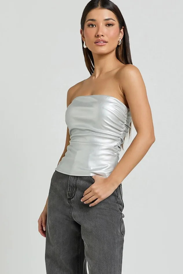 Yvonne Top 8211 Strapless Ruched Top In Silver Women Showpo Tops