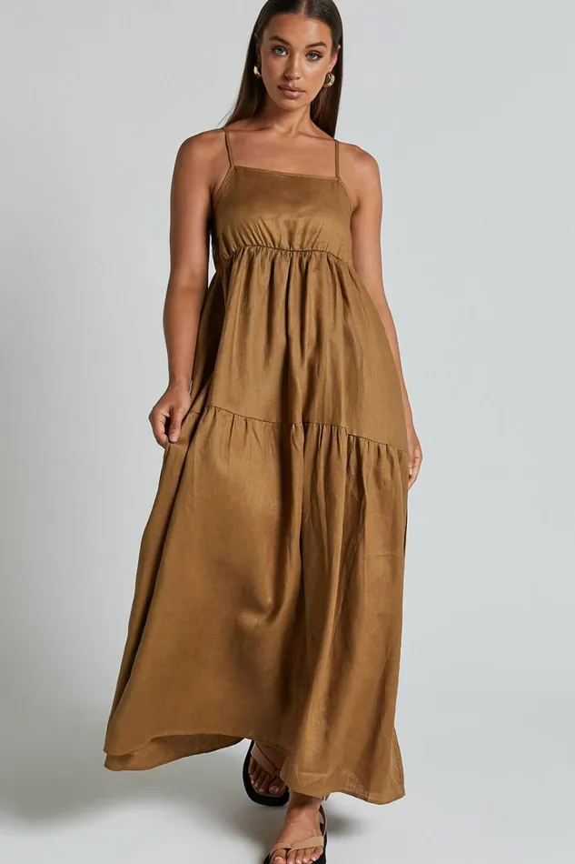 Zuriel Midi Dress 8211 Strappy Linen Tiered Dress In Warm Khaki Women Showpo Dresses