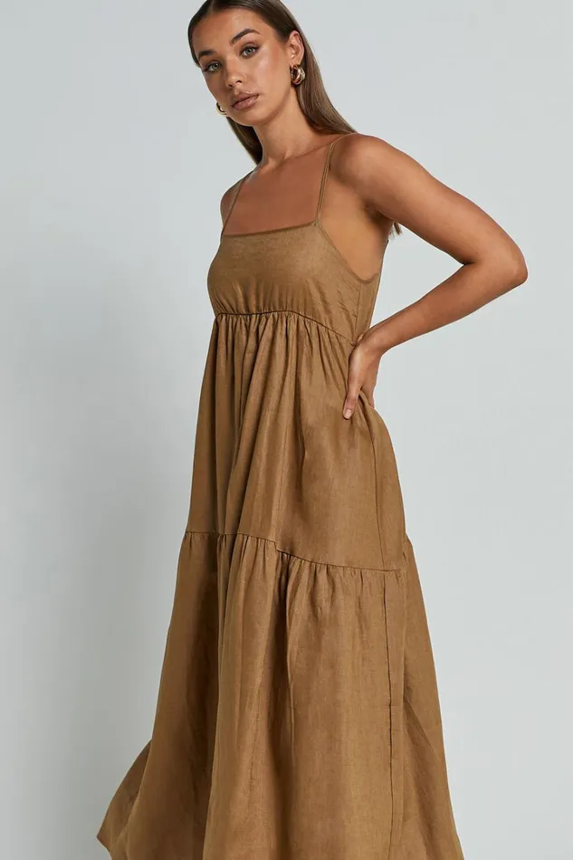 Zuriel Midi Dress 8211 Strappy Linen Tiered Dress In Warm Khaki Women Showpo Dresses