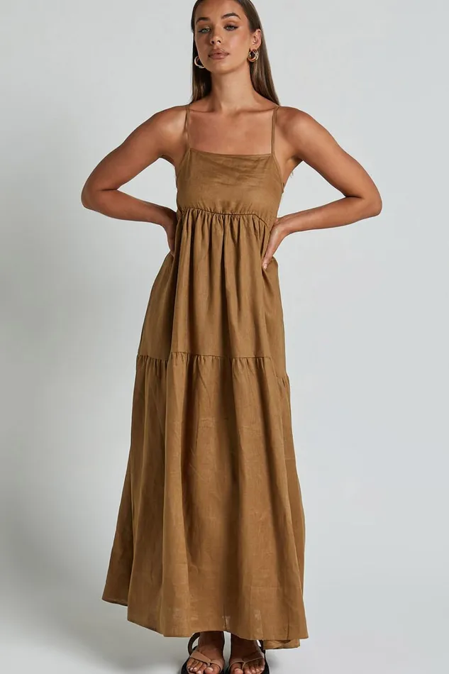 Zuriel Midi Dress 8211 Strappy Linen Tiered Dress In Warm Khaki Women Showpo Dresses