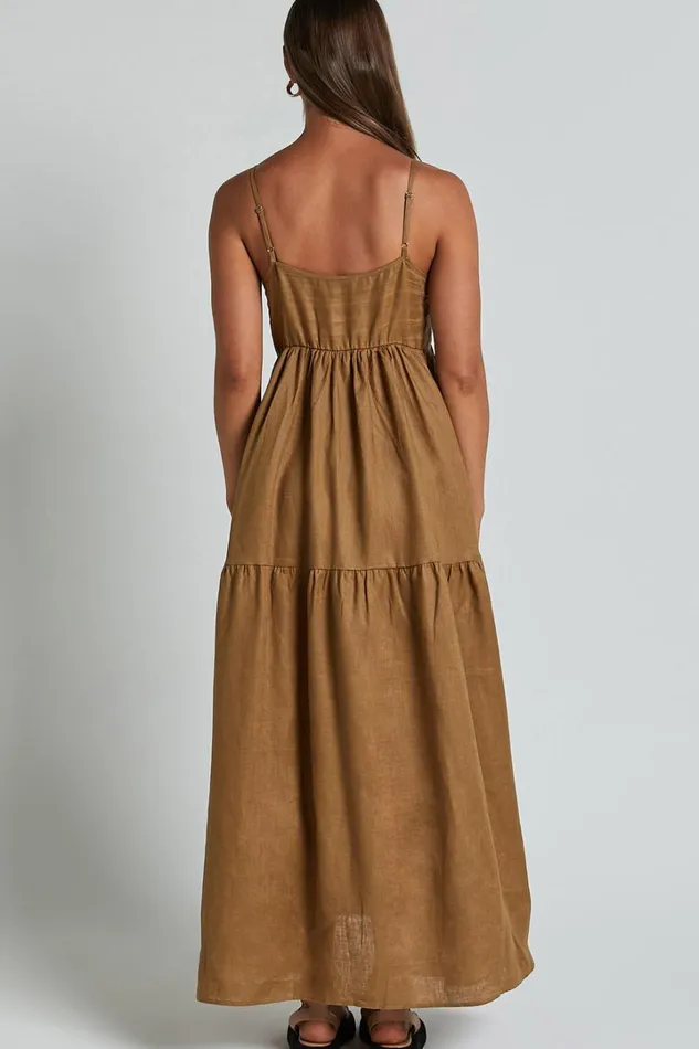 Zuriel Midi Dress 8211 Strappy Linen Tiered Dress In Warm Khaki Women Showpo Dresses